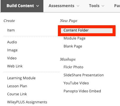 To create Content Folder in a Content Area, click Build Content and then Content Folder